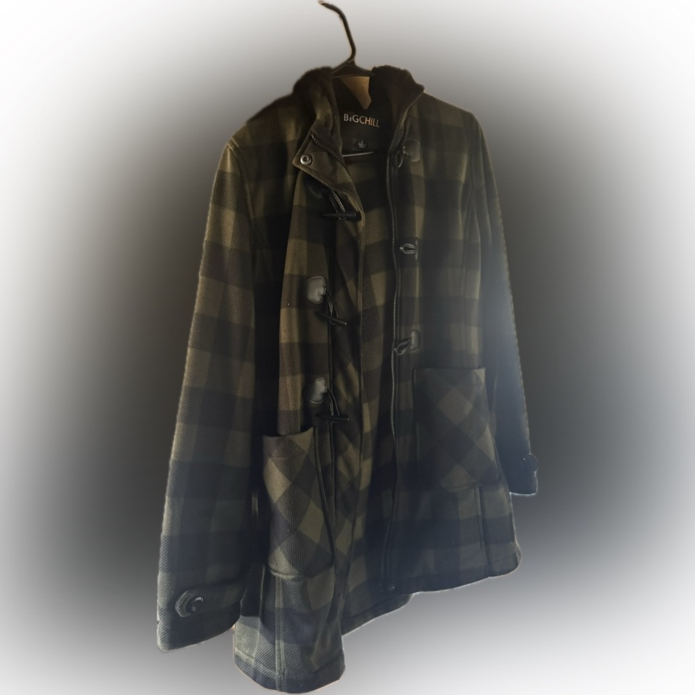 Big Chill Olive Plaid Toggle Pea Coat